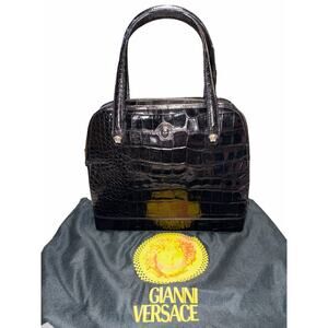 Gianni Versace 90s Black Crocodile Embossed Medusa Tote Bag
